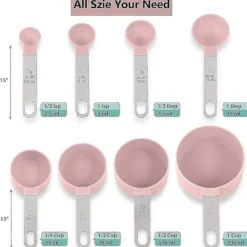 Matgrupper>8 Delars Måttsats med Måttkoppar och Måttskedar / Stapelbara Måttkoppar med Rostfritt Stålhandtag / För Torra och Flytande Ingredienser (rosa)