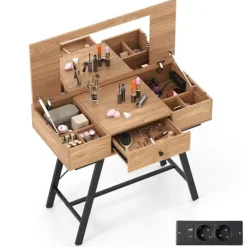 COSTWAY Sminkbord>2 i 1 Sminkbord med Spegel , Laddstation, Makeupbord med Fällbar Top, Låda, 6 Fack,