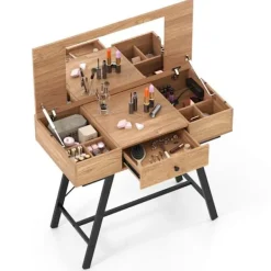 COSTWAY Sminkbord>2 i 1 Sminkbord med Spegel , Laddstation, Makeupbord med Fällbar Top, Låda, 6 Fack,