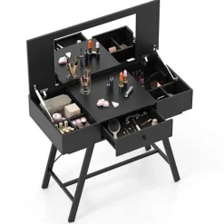 COSTWAY Sminkbord>2 i 1 Smyckebord med Spegel , Laddningsstation, Makeupbord med Fällbart Lock, Låda, 6 Fack,
