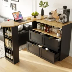 Köksö>360° roterande barbord med 4 lådor och öppna hyllor, 105x39cm, för vardagsrum/studierum