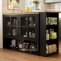 Köksö>360° Roterande Matbordsbar med Snackshylla, 5 Hyllor & Glas, Multifunktionellt Skåp, Svart