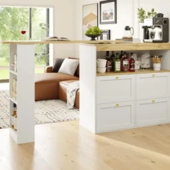 Köksö>360° roterande ståbord med 4 lådor och öppna hyllor, 105x39cm, vit, för hemmakontor/vardagsrum