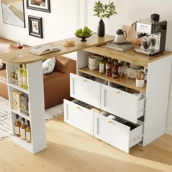 Köksö>360° roterande ståbord med 4 lådor och öppna hyllor, 105x39cm, vit, för hemmakontor/vardagsrum