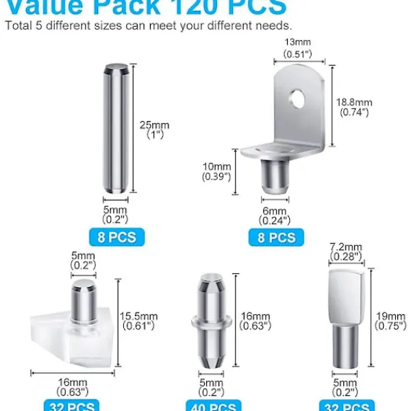 DAO Hyllor>120 st Hyllpinnar, 5 Stilar Hyllpinnar Hyllstöd, Skåp Hyllpinnar för Hyllor Bokhyllor