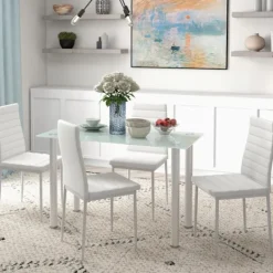 Northio Matgrupper>5 St. Matgrupp, Matbord Med 4 Stolar, Köksbord Med Härdat Glasskiva, Matsalsgrupp, Stål, Svart