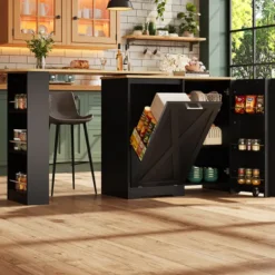 Köksö>360° vridbar matbordsbar svart – modernt skåp med fällbar dörr & sidohyllor, multifunktionell för vardagsrum, sovrum, matsal