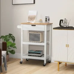 B2X Köksö>Bambu köksö med utdragbar låda och sidohandtag rullbar mikrovågsvagn Vit