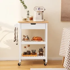 B2X Köksö>Bambu köksö med utdragbar låda och sidohandtag rullbar mikrovågsvagn Vit