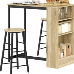 Northio Matgrupper>Barbord med barstolsset, 3 st. Barbordsset med köksbord Förvaring 2 pallar Fotstöd Modern stil Platssparande Matsal Kök Stål Ek