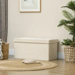 Northio Sittpuffar>Bänk med förvaringsutrymme, hopfällbar stoppad bänk, sängbänk med sammetslook, sittbräda för hall, sovrum, vardagsrum, 76 x 38 x 38 cm krämvit