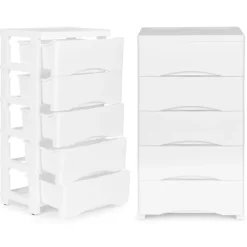 Northio Byråer>Bokhylla med 5 utdragbara lådor, ben med hjul - vit