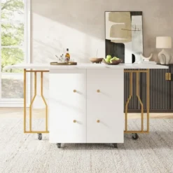 Sideboards>Bärbart hopfällbart bord med marmoroptik – multifunktionellt matbord med gyllene ben & hjul