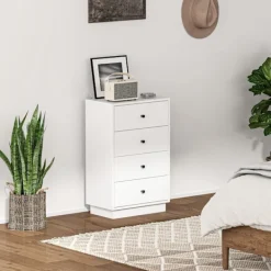 Northio Byråer>Byrå, skänk med 4 lådor, skåp av trämaterial, förvaringsskåp i modern stil, lådskåp, byrå, skåp för vardagsrum, sovrum, hall, 47 x 29 x 75 cm, vit