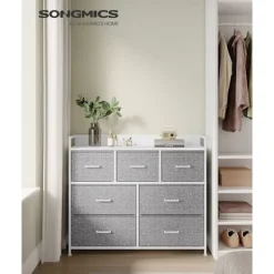 Pavil Byråer>Byrå, Sovrumsskåp, 7 tyglådor med handtag, metallram, duvgrå och molnvit