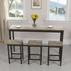 Matgrupper>148cm Modernt Köksbord Set med 3 Stolar - Brun/Grå - Köksbord & Matbord - Enkel Montage - Utrymmesbesparande Matbordsset