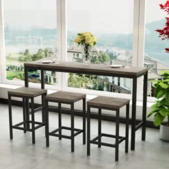 Matgrupper>148cm Modernt Köksbord Set med 3 Stolar - Brun/Grå - Köksbord & Matbord - Enkel Montage - Utrymmesbesparande Matbordsset