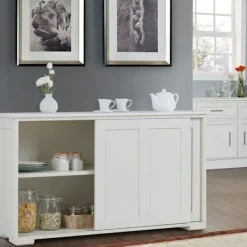 Sideboards>Contemporary Low Sideboard - Sideboard - Glansigt Vitlackerad - Skjutdörrar - 2 MDF-hyllor