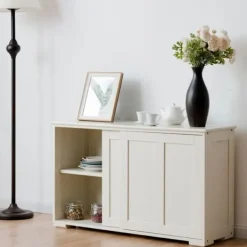 Sideboards>Contemporary Low Sideboard - Sideboard - Glansigt Vitlackerad - Skjutdörrar - 2 MDF-hyllor