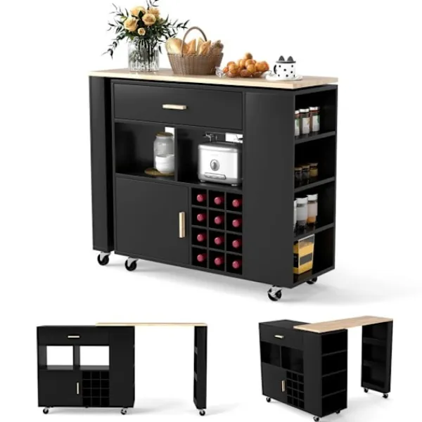 COSTWAY Köksö>2 i 1 Kökshylla med Gummibricka, Justerbar Hylla, Vinställ för 12 Flaskor, Låda, Kryddställ