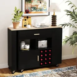 COSTWAY Köksö>2 i 1 Kökshylla med Gummibricka, Justerbar Hylla, Vinställ för 12 Flaskor, Låda, Kryddställ