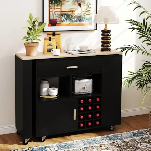 COSTWAY Köksö>2 i 1 Kökshylla med Gummibricka, Justerbar Hylla, Vinställ för 12 Flaskor, Låda, Kryddställ