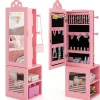 COSTWAY Sminkbord>3 i 1 smyckesskåp för barn med hel spegel, klädhängare, smyckesförvaring, rosa