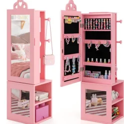 COSTWAY Sminkbord>3 i 1 smyckesskåp för barn med hel spegel, klädhängare, smyckesförvaring, rosa