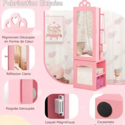 COSTWAY Sminkbord>3 i 1 smyckesskåp för barn med hel spegel, klädhängare, smyckesförvaring, rosa
