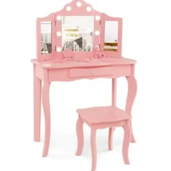 COSTWAY Sminkbord>2 i 1 toalettbord för barn med pall, 3-färgad LED-spegel, hopfällbart äkta glas, låda, rosa