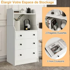 COSTWAY Byråer>3 lådor byrå med 2 öppna hyllor, tippskydd, för vardagsrum, sovrum, entré, 58x36x111cm,