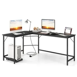 COSTWAY Kontorsmöbler>168 x 125 cm hörnskrivbord med CPU-hållare, 2 eluttag och USB- och typ C-port, robust metallram, svart