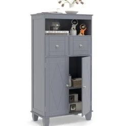 COSTWAY Skåp>Badkolonn med 2 Lådor, Skåp med 2 Dörrar, Öppen Förvaringsavdelning, Justerbar Hylla för Vardagsrum, Kök, Grå