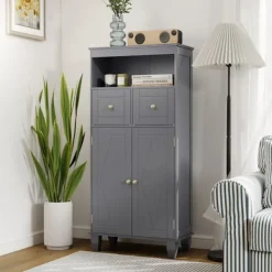 COSTWAY Skåp>Badkolonn med 2 Lådor, Skåp med 2 Dörrar, Öppen Förvaringsavdelning, Justerbar Hylla för Vardagsrum, Kök, Grå