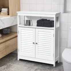 COSTWAY Skåp>Badrumsförvaringsskåp i trä med skåp 2 klaffdörrar Justerbar hylla för badrum Vardagsrum Vit