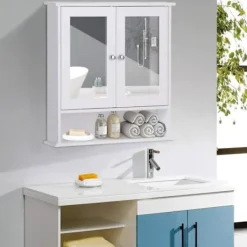 COSTWAY Skåp>badrumsskåp med spegelförvaringsenhet med 3 hyllor och 2 dörrar 56,5 x 13 x 58,5 CM