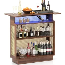 COSTWAY Balkongmöbler>Barbord i PE-rattan med flätverk 120 x 55 x 110 cm - RGB LED-belysning - 3 stöd för fotade glas och 3 hyllor