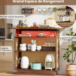 COSTWAY Balkongmöbler>Barbord i PE-rattan med flätverk 120 x 55 x 110 cm - RGB LED-belysning - 3 stöd för fotade glas och 3 hyllor