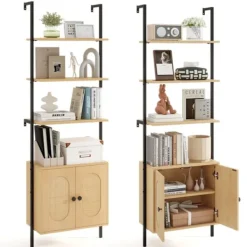 COSTWAY Hyllor>Bibliotek Hylla Stege med 6 Nivåer och Rattanförvaring, Metallram, för Vardagsrum Sovrum Kontor, 30x60x180cm