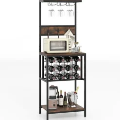 COSTWAY Köksö>Buffé med Glasstöd, Stöd och Krokar för Vinflaskor, Vinbar för Vardagsrum Pub