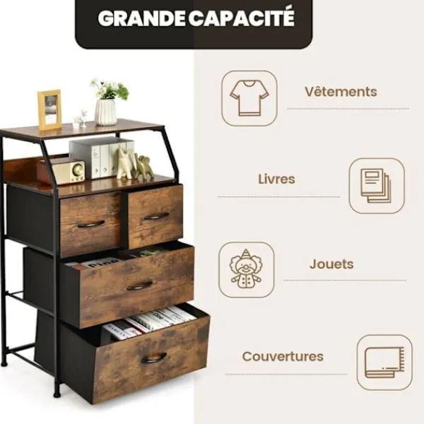 COSTWAY Byråer>byrå med 4 avtagbara tyglådor, industriell stil, förvaringsenhet med översta hyllan och justerbara fötter