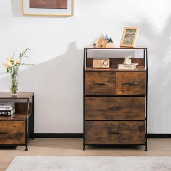 COSTWAY Byråer>byrå med 4 avtagbara tyglådor, industriell stil, förvaringsenhet med översta hyllan och justerbara fötter