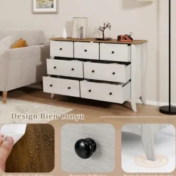 COSTWAY Byråer>byrå med 7 hopfällbara tyglådor, träskiva, rustik förvaringsenhet för sovrum, vardagsrum, grå