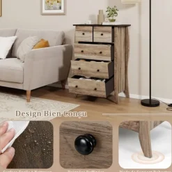 COSTWAY Skåp>byrå med 5 hopfällbara tyglådor, träskiva, rustik förvaringsenhet för sovrum, vardagsrum, brun