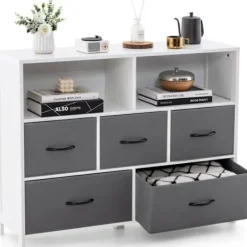 COSTWAY Byråer>byrå med 5 tyglådor - 2 öppna hyllor - Förvaringsenhet för sovrum, vardagsrum, hallar, entréer, 100 x 30 x 78 cm