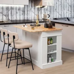 COSTWAY Köksö>Central Island Kök med lådor och 2 dörrar 120x61x92cm Köksvagn med justerbar hylla, sidohyllor