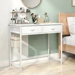 COSTWAY Kontorsmöbler>Dator skrivbord med 2 tyglådor - 4 hängande krokar 90 x 45 x 75 cm - Metallram för vardagsrum och sovrum