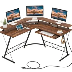 COSTWAY Kontorsmöbler>datorhörnskrivbord - bildskärmsställ, eluttag, tangentbordsbricka, hörlurskrok, brun