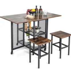 COSTWAY Matgrupper>3-delat hopfällbart matbordsset med 2 pallar, låshjul, 2 hyllor, för små utrymmen