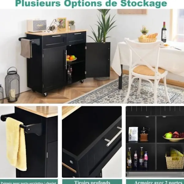 COSTWAY Köksö>Desserte/Chariot för Kök med Hjul - 94x45x94,5 CM - 2 Lådor - 2 Dörrar - Hängare för Hushållspapper - Kökshylla - Svart